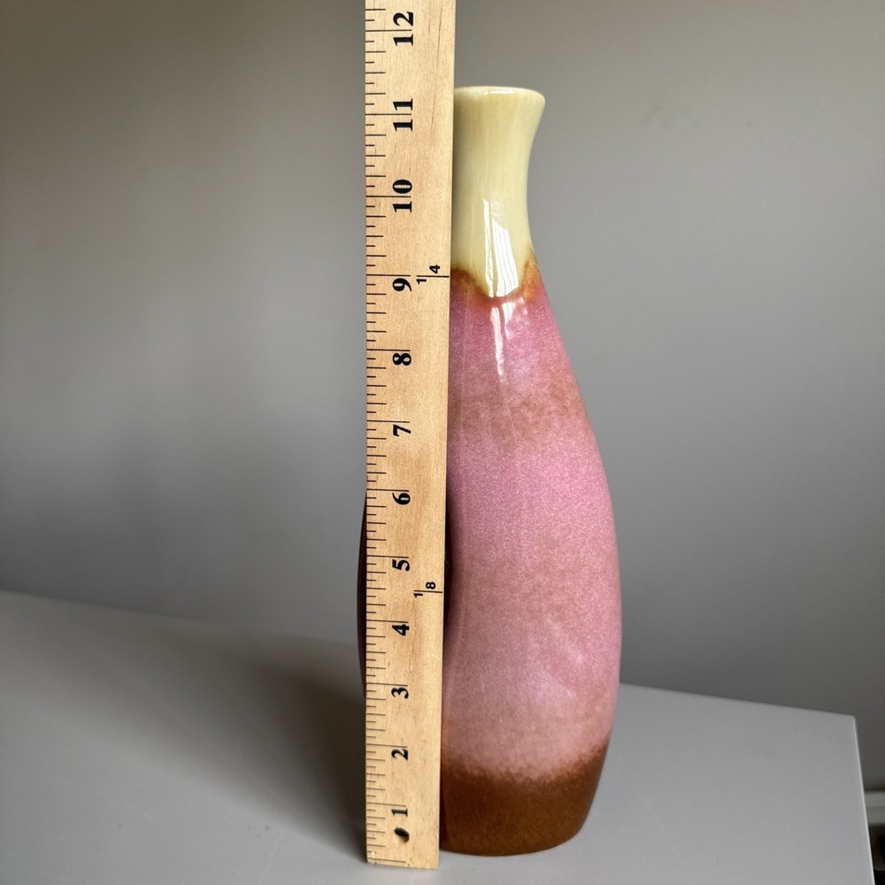 Ceramic bud vase with handle Pink drip glaze 11.5" glossy pastel art calming - Picture 5 of 12